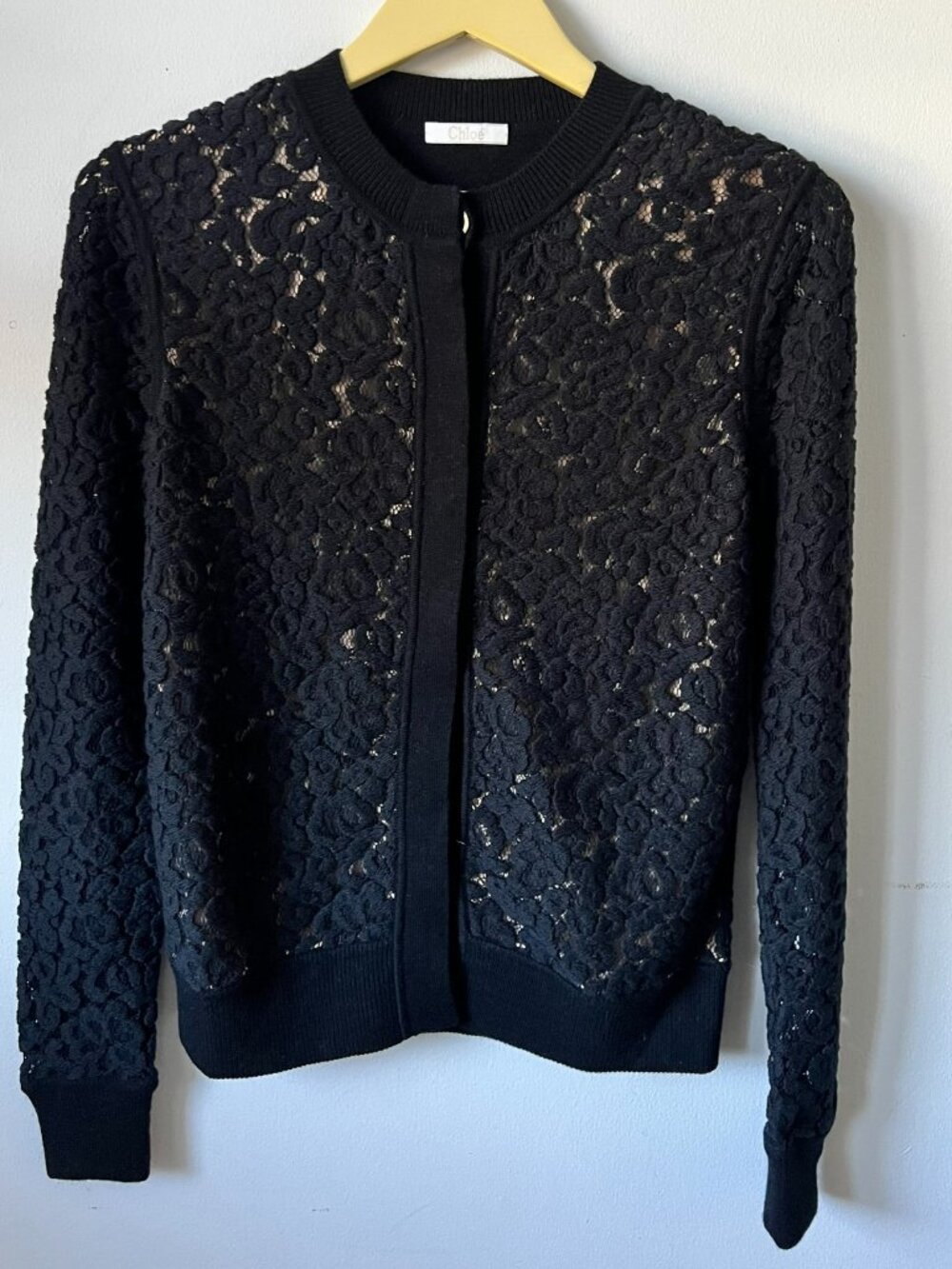 Chloe Paris Black Crewneck Long-Sleeve Wool Knit Cardigan Lace Panel Front S New